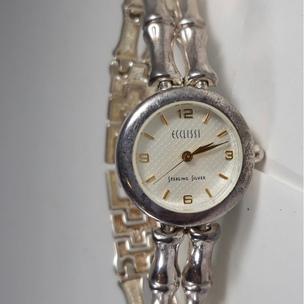 Sterling Wrist Watch 7.5" Ecclissi Solid Silver Bamboo Motif Analog Watch